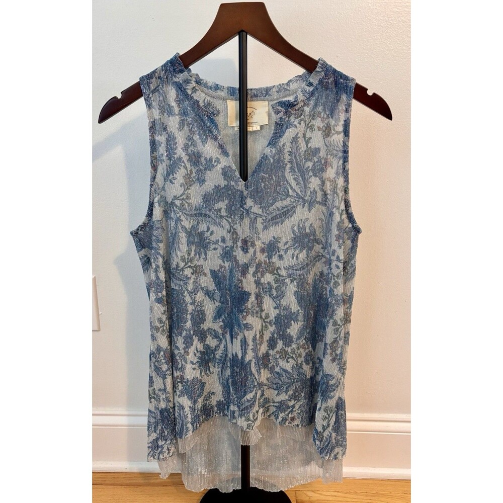 Anthropologie Vanessa Virginia Metallic Floral Tank Top Blue Sheer Small S